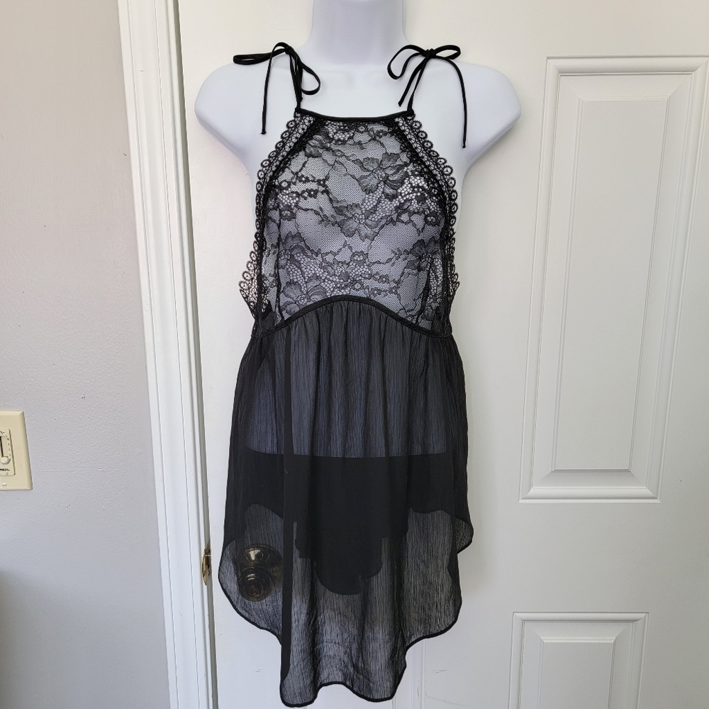 Victoria's Secret Black Lace Chiffon Tie Shoulders Babydoll Nightgown Small